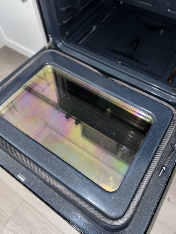Oven glass, cut through the baked-on grease