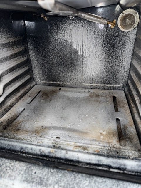 Oven deep clean, lifting years of baked-on grease
